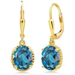 Gem Stone King 3.60 Ct Oval London Blue Topaz 18K Yellow Gold Plated Silver 27mm Length Dangle Earrings