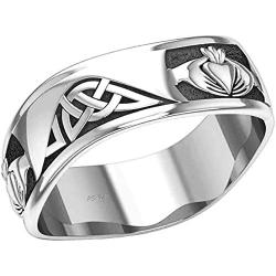 US Jewels and Gems Mens 0.925 Sterling Silver Modern Irish Celtic Claddagh & Knot Ring Band