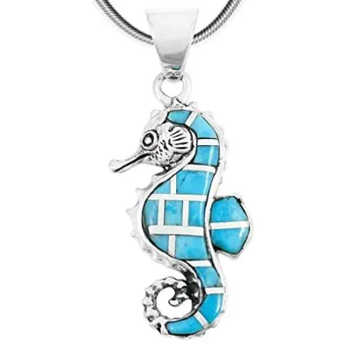 Sea Horse Pendant Necklace in 925 Sterling Silver with Genuine Turquoise & Gemstones (20'' Length) Sea Horse Pendant Necklace in 925 Sterling Silver with Genuine Turquoise & Gemstones (20'' Length)