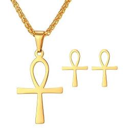 U7 Egyptian Jewelry Set Stainless Steel Ankh Cross or Queen Head Necklace Earrings Set for Women