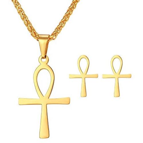 U7 Egyptian Jewelry Set Stainless Steel Ankh Cross or Queen Head Necklace Earrings Set for Women