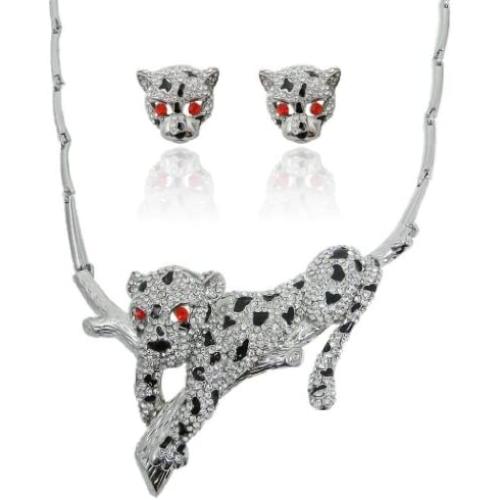 EVER FAITH Silver-Tone Leopard Necklace Earrings Set with Clear Austrian Crystal