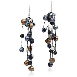 Striking Waterfall Cultured Freshwater Black Pearl .925 Sterling Silver Dangle Earrings