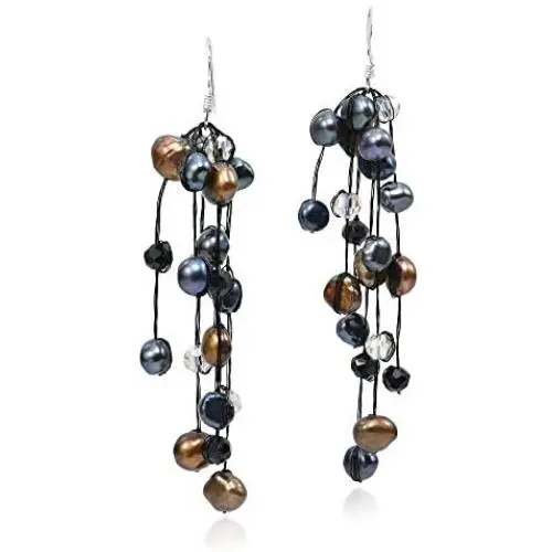 Striking Waterfall Cultured Freshwater Black Pearl .925 Sterling Silver Dangle Earrings Striking Waterfall Cultured Freshwater Black Pearl .925 Sterling Silver Dangle Earrings