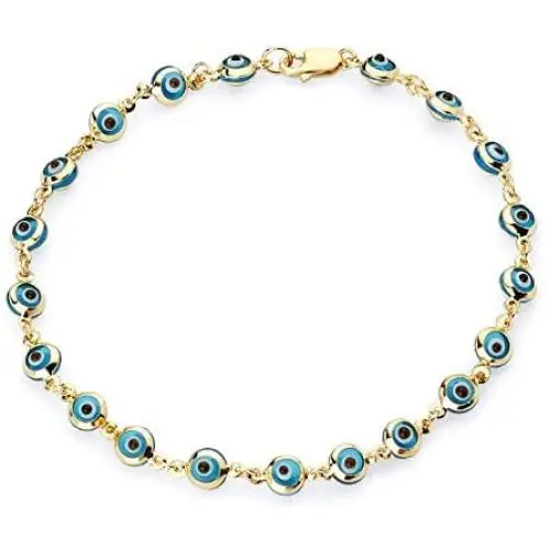The World Jewelry Center 14k Yellow Gold Sky Blue Evil Eye Bracelet - 7''