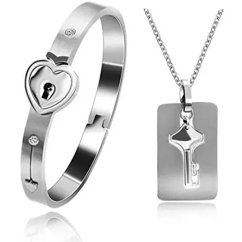 Uloveido Rose Gold Plated Titanium Matching Puzzle Couple Heart Lock Bracelet and Key Pendant Necklace for Men and Women Uloveido Rose Gold Plated Titanium Matching Puzzle Couple Heart Lock Bracelet and Key Pendant Necklace for Men and Women
