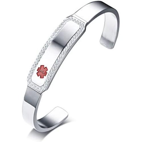 MPRAINBOW MP Stainless Steel CZ Customized Medical Alert ID Bangle Cuff Bracelet,Personalized Engraved