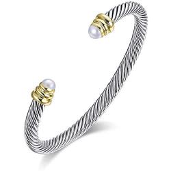 BQfife Twisted Rope Bangles Bracelet Stainless Steel Pearl Inlay