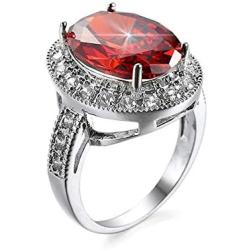 HSQYJ Oval Art Deco Wedding Engagement Ring Rhodium Plated Cocktail Ring with Simulated Oval Red Crystal Clear CZ Band Ring Fashion Luxury Jewelry for Women Girl Gift