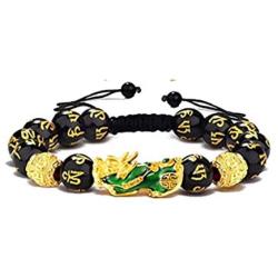 Handmade Carved Mantra Stone Pi Xiu Feng Shui Black Obsidian Wealth Lucky Bracelet for Women Men Adjustable 14K Gold Plated Braided Rope Amulet Bracelet Protection Jewelry