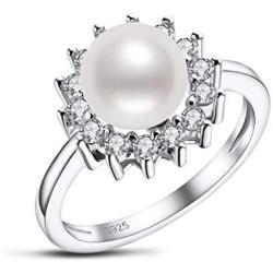 Freshwater Cultured Pearl Ring 8mm Round White Pearl Ring with Cubic Zirconia Simulated Diamonds in Sterling Silver Jewelry Gift for Women Sizes 5-8