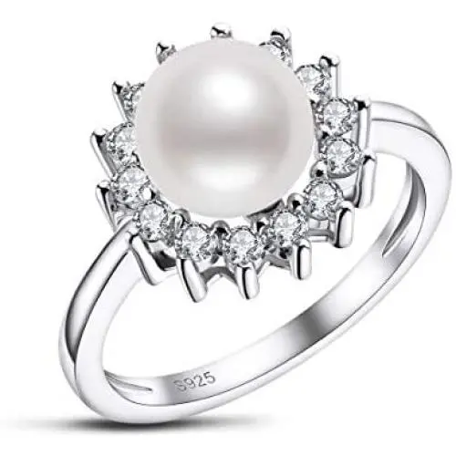 Freshwater Cultured Pearl Ring 8mm Round White Pearl Ring with Cubic Zirconia Simulated Diamonds in Sterling Silver Jewelry Gift for Women Sizes 5-8 Freshwater Cultured Pearl Ring 8mm Round White Pearl Ring with Cubic Zirconia Simulated Diamonds in Sterling Silver Jewelry Gift for Women Sizes 5-8