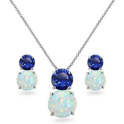 Sterling Silver Genuine, Simulated or Created Gem & Synthetic Opal Double Round Stud Earrings & Necklace Set