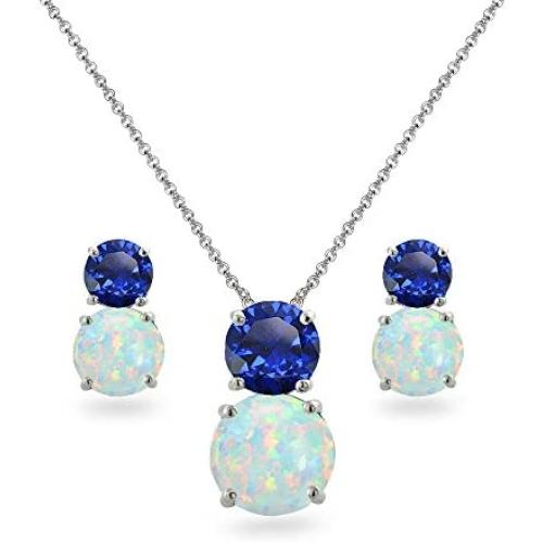 Sterling Silver Genuine, Simulated or Created Gem & Synthetic Opal Double Round Stud Earrings & Necklace Set