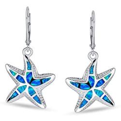 Blue Created Opal Inlay Nautical Ocean Marine Life Starfish Drop Leverback Earrings For Women 925 Sterling Silver