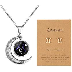 Nanafast Zodiac Necklace Stud Earrings Set, Adjustable Stainless Steel Constellation Crescent Moon Necklace, Creative Glow Horoscope Astrology Pendant Necklace for Women Girls Valentines Birthday Gift