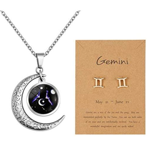 Nanafast Zodiac Necklace Stud Earrings Set, Adjustable Stainless Steel Constellation Crescent Moon Necklace, Creative Glow Horoscope Astrology Pendant Necklace for Women Girls Valentines Birthday Gift