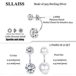 Sllaiss 2 Pairs Sterling Silver Double Ball Ear Jacket Earrings Set Cubic Zirconia Round Pearl Jewelry for Women Girls