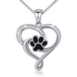 S925 Sterling Silver Puppy Dog Cat Pet Paw Print Love Heart Pendant Necklace 18 inches
