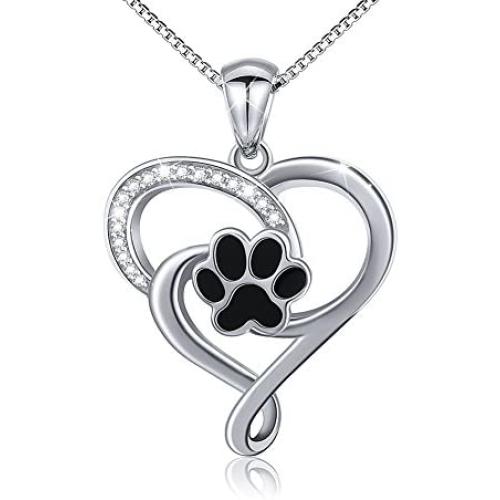 S925 Sterling Silver Puppy Dog Cat Pet Paw Print Love Heart Pendant Necklace 18 inches