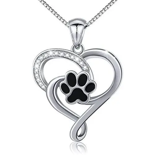 S925 Sterling Silver Puppy Dog Cat Pet Paw Print Love Heart Pendant Necklace 18 inches