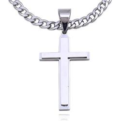 Double Rainbow Jewelry C08S-P32S Men Stainless Steel Silver Cross Pendant Cuban Necklace Chain Link