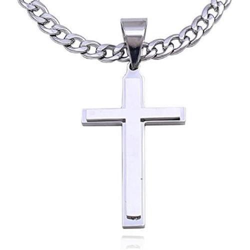 Double Rainbow Jewelry C08S-P32S Men Stainless Steel Silver Cross Pendant Cuban Necklace Chain Link