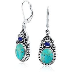 Southwestern Style Multi Stones Stabilized Turquoise Oval Lapis Leverback Dangle Earrings For Women 925 Sterling Silver