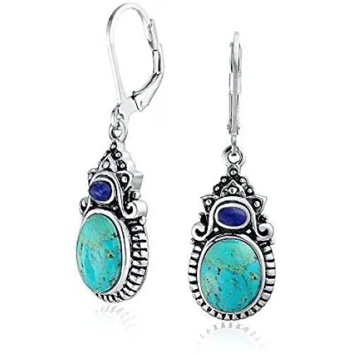 Southwestern Style Multi Stones Stabilized Turquoise Oval Lapis Leverback Dangle Earrings For Women 925 Sterling Silver Southwestern Style Multi Stones Stabilized Turquoise Oval Lapis Leverback Dangle Earrings For Women 925 Sterling Silver