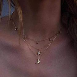 Blufly Layered Moon Pendant Necklace Gold Star Crystal Choker Necklaces Beaded Starburst Necklace Chain Satellite Ball Drop Necklaces Boho Jewelry for Women and Girls