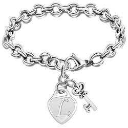 malyunin Initial Bracelets Key Heart Charm Bracelets for Women Charms Bracelet for Girls Stainless Steel Bracelet 26 Letters Jewelry Birthday A-Z