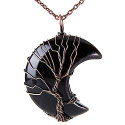 Bivei Tree of Life Crescent Moon Necklace Copper Wire Wrap Natural Gemstones Pendant Crystals and Healing Stones Necklace