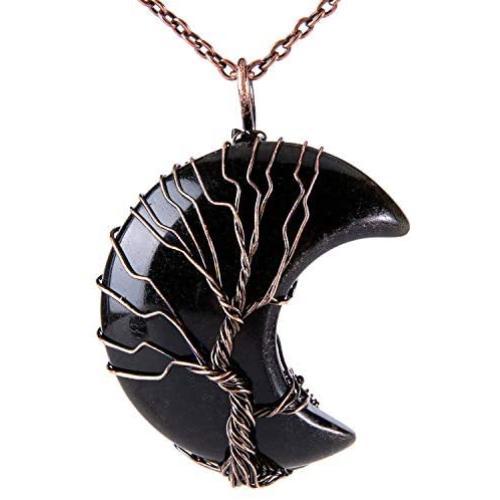 Bivei Tree of Life Crescent Moon Necklace Copper Wire Wrap Natural Gemstones Pendant Crystals and Healing Stones Necklace