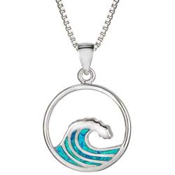 Sterling Silver Created Blue Opal Wave Necklace Pendant with 18'' Box Chain