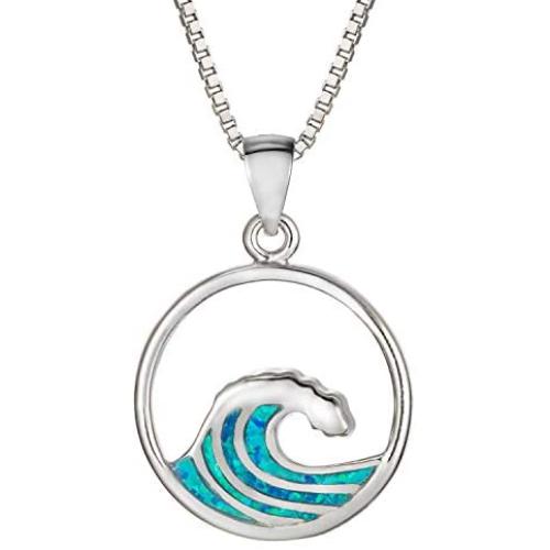 Sterling Silver Created Blue Opal Wave Necklace Pendant with 18'' Box Chain