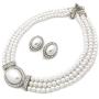 Christina Collection Elegant Multi Layered Strands Cream or White Pearl Crystal Necklace Clip on Earrings Set Gift Bijoux