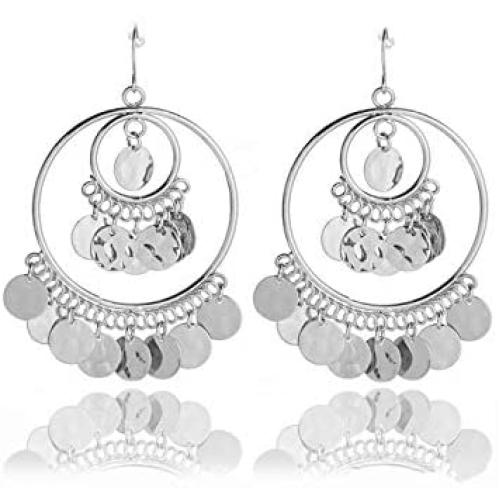 Bohemian Chandelier Coin Sequins Dangle Drop Earrings Ethnic Gypsy Beads Tassel Hoops with Disc Charms Boho Ear Jewelry Women