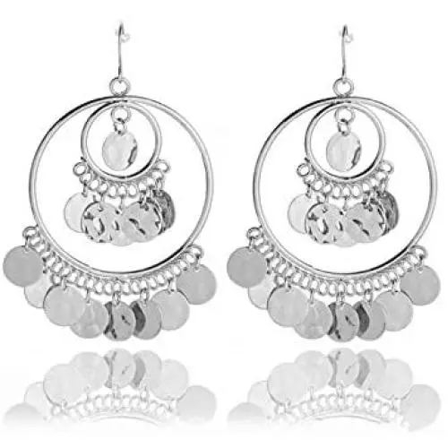 Bohemian Chandelier Coin Sequins Dangle Drop Earrings Ethnic Gypsy Beads Tassel Hoops with Disc Charms Boho Ear Jewelry Women