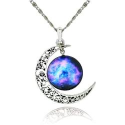 Galaxy & Crescent Cosmic Moon Pendant Necklace, Purple Glass, 17.5 Chain, Great Gift for Women