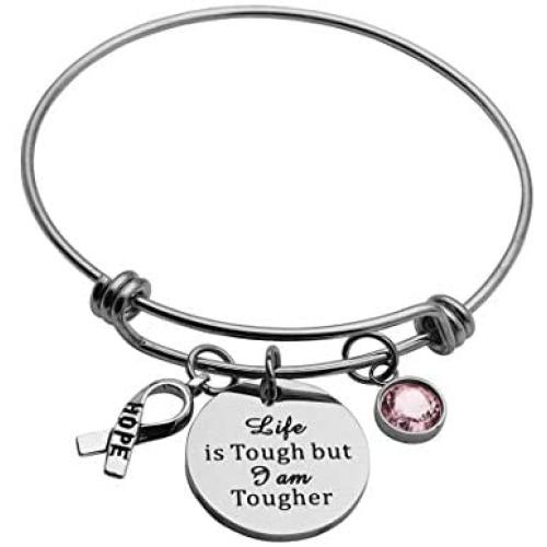 Beeshion Cancer Survivor Gift Life is Tough But I am Tougher Bangle Bracelet Inspirational Gift Recovery Jewelry Cancer Cancer Survivor Gift for Women Men