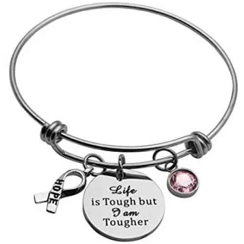 Beeshion Cancer Survivor Gift Life is Tough But I am Tougher Bangle Bracelet Inspirational Gift Recovery Jewelry Cancer Cancer Survivor Gift for Women Men
