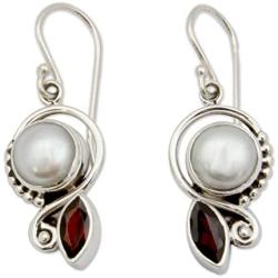 NOVICA Garnet Cultured Freshwater Pearl .925 Sterling Silver Dangle Earrings, Sublime Romance