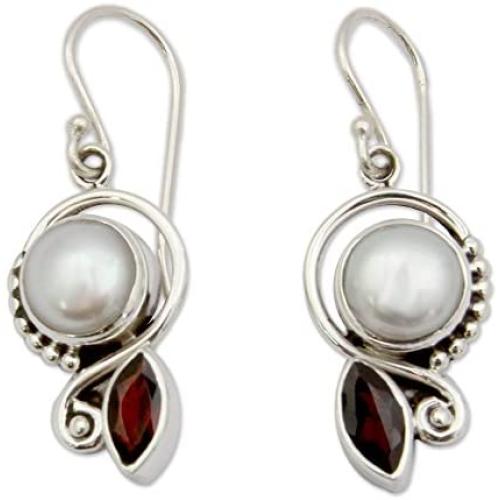 NOVICA Garnet Cultured Freshwater Pearl .925 Sterling Silver Dangle Earrings, Sublime Romance