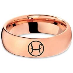 Horoscope Zodiac Astrology Cute Pisces Ring - Tungsten Band 8mm - Men - Women - 18k Rose Gold Step Bevel Edge - Yellow - Grey - Blue - Black - Brushed - Polished - Wedding - Gift Dome Flat Cut