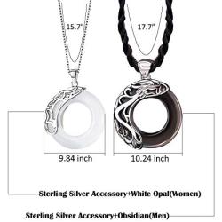 925 Sterling Silver Gemstone Round Obsidian Pendant Couple Necklaces 2PCS Lovers Gift Jewelry for Men Women