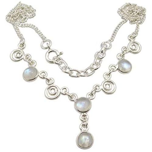 SilverStarJewel 925 Solid Silver Cab Rainbow Moonstone Necklace 17.7'' Ladies Engagament