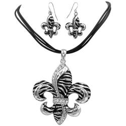 Large Chunky Unique Zebra Stripe Print Fleur De Lis Silver Tone Necklace & Dangle Earrings Set