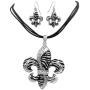 Large Chunky Unique Zebra Stripe Print Fleur De Lis Silver Tone Necklace & Dangle Earrings Set