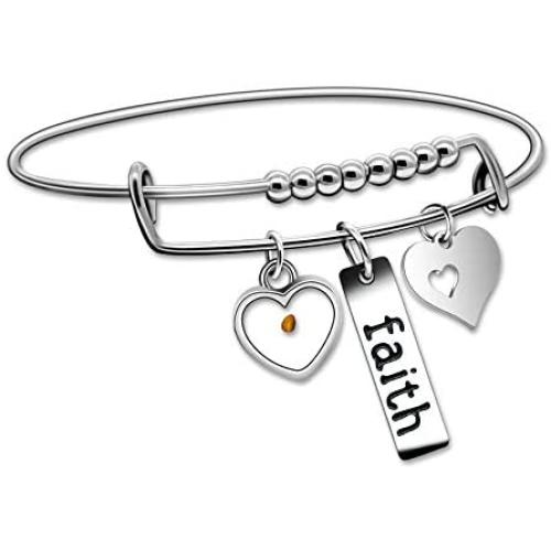 Uloveido Christian Faith Extendable Bangle, Stainless Steel, Heart Mustard Seed Bracelets Y642