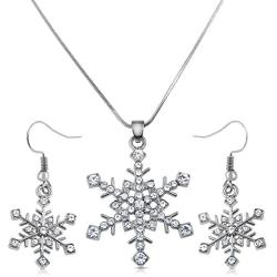 Snowflake Necklace and Dangle Earrings Christmas Jewelry Gift Set for Winter Fashion, Women Teens Stocking Stuffer Ideas